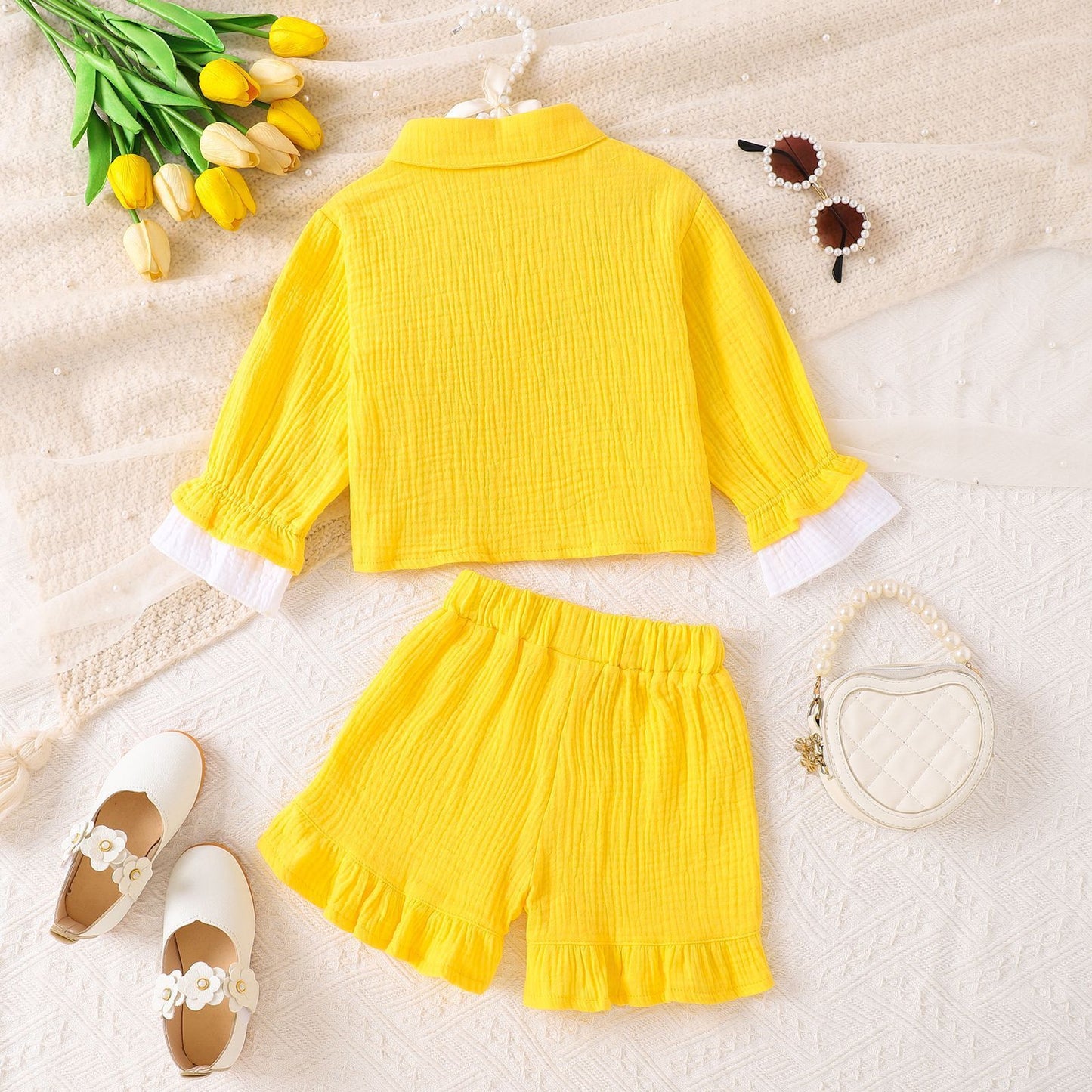 Solid Color Shirt With Ruffled Shorts Two-piece Set