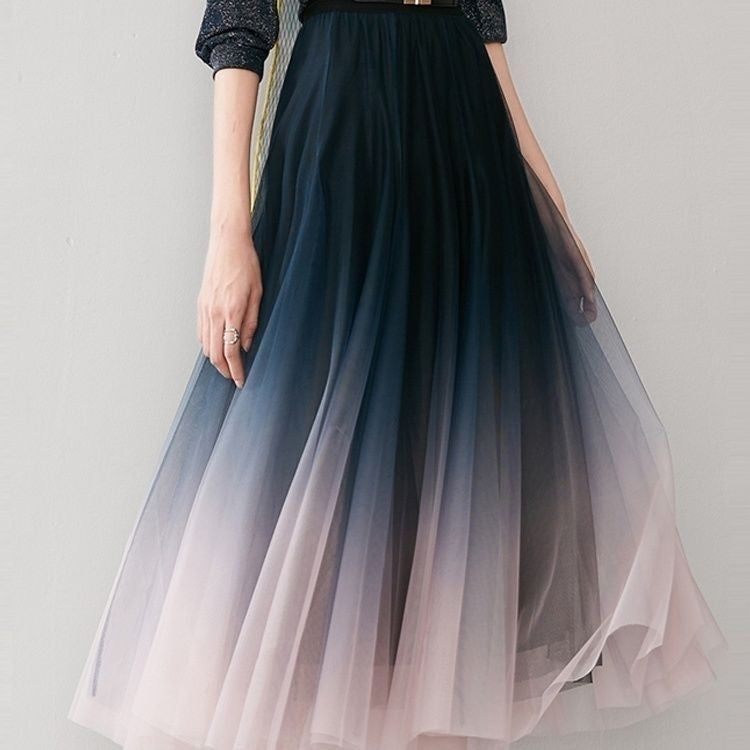 Mesh High Waist Large Swing A- Line Gradient Skirt