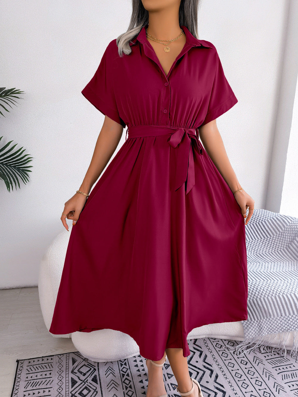 Robe chemise ample nouée de couleur pure, style européen et américain
