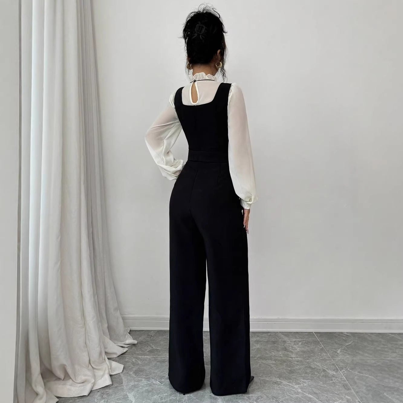 Womens Elegant Color Block Shirt Jumpsuit Set