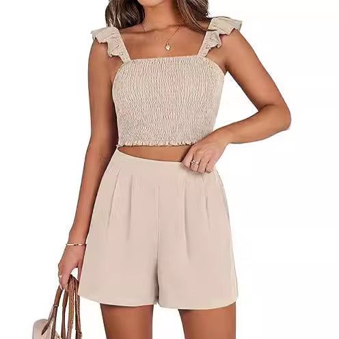 Costume décontracté sans manches à bretelles spaghetti à volants pour femme