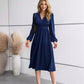 V-neck Solid Color Long Sleeve Waist Dress