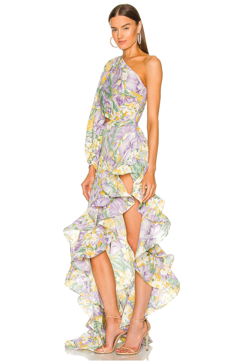 Robe à épaules inclinées et motif floral irrégulier à motif feuille de lotus pour femme