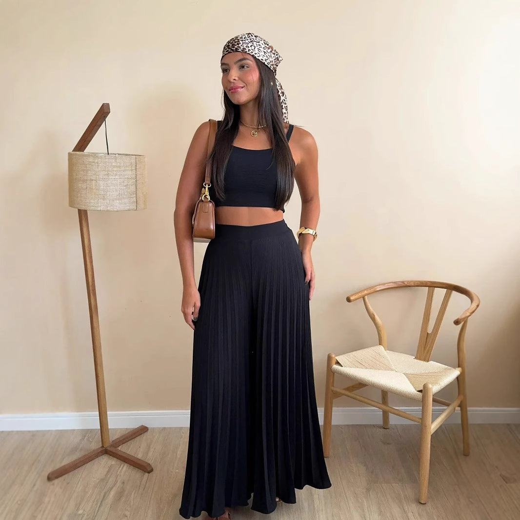 Camisole Pleated Loose Wide Leg Pants Two-piece Set