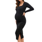 Pregnant Women's Long Sleeved U-neck Striped Casual Dress