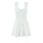 White Puff-Shoulder Ruffle-trimmed Sweet Vest Dress With Drawstring Waist And Pleats