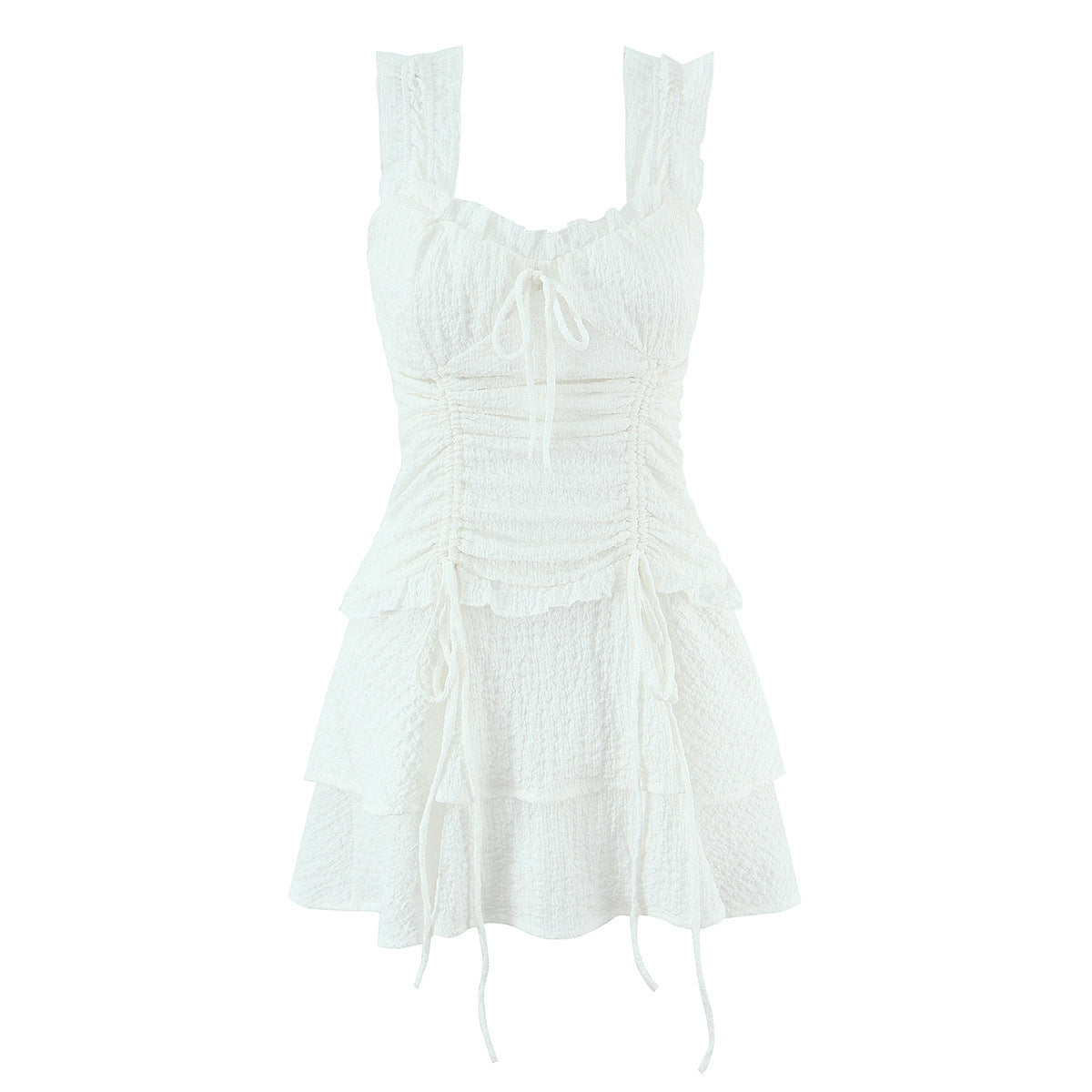 White Puff-Shoulder Ruffle-trimmed Sweet Vest Dress With Drawstring Waist And Pleats
