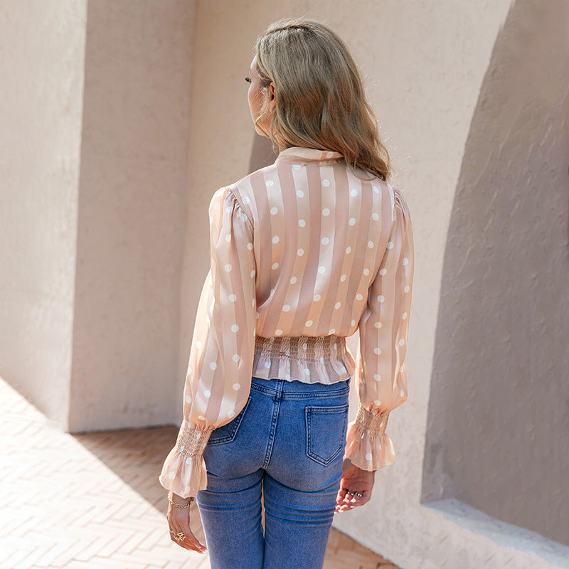 Elegant Polka Dot Lace Blouse Long Sleeve Women's Short Top