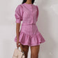 Puff Sleeve Short Top Patchwork A- Line Skirt Two-piece Set