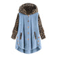Autumn And Winter Button Long Sleeve Leopard Splicing Hooded Plush Coat For Women