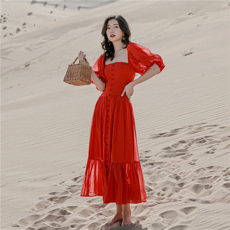 Robe longue à col carré et manches bouffantes pour femme
