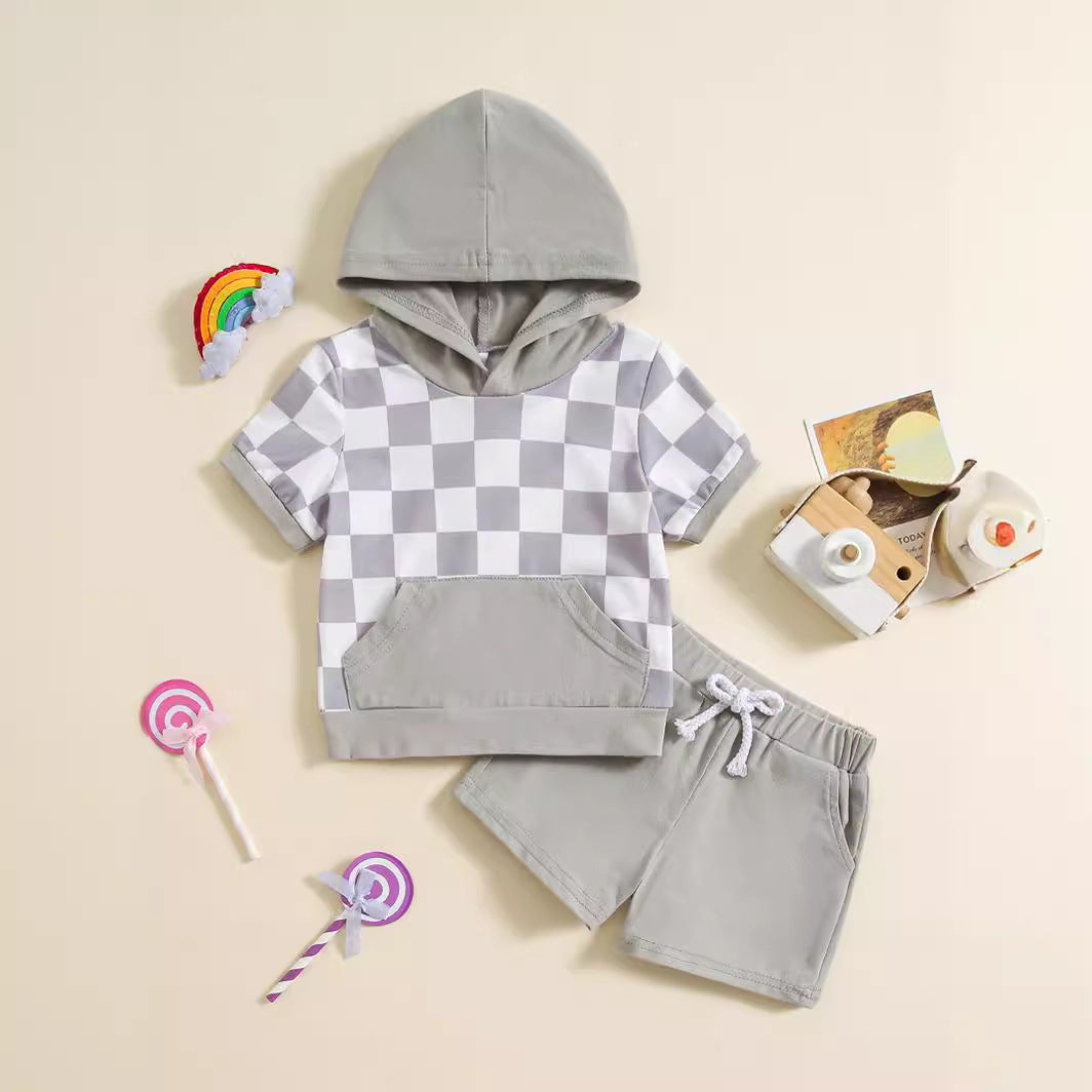 Ensemble deux pièces t-shirt à carreaux colorblock et short à capuche pour fille