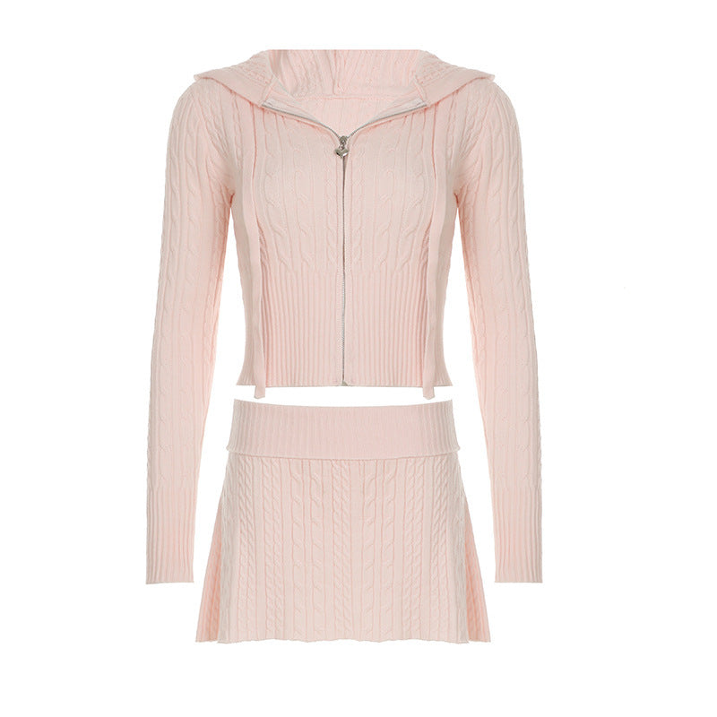 Spring And Autumn Sweater Casual Suit Zipper Hooded Sweatshirt Top Twist Waist Folding Woolen Skirt