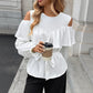 Women's Long-sleeved Ruffled Off-the-shoulder Lace-up Crew Neck Shirt