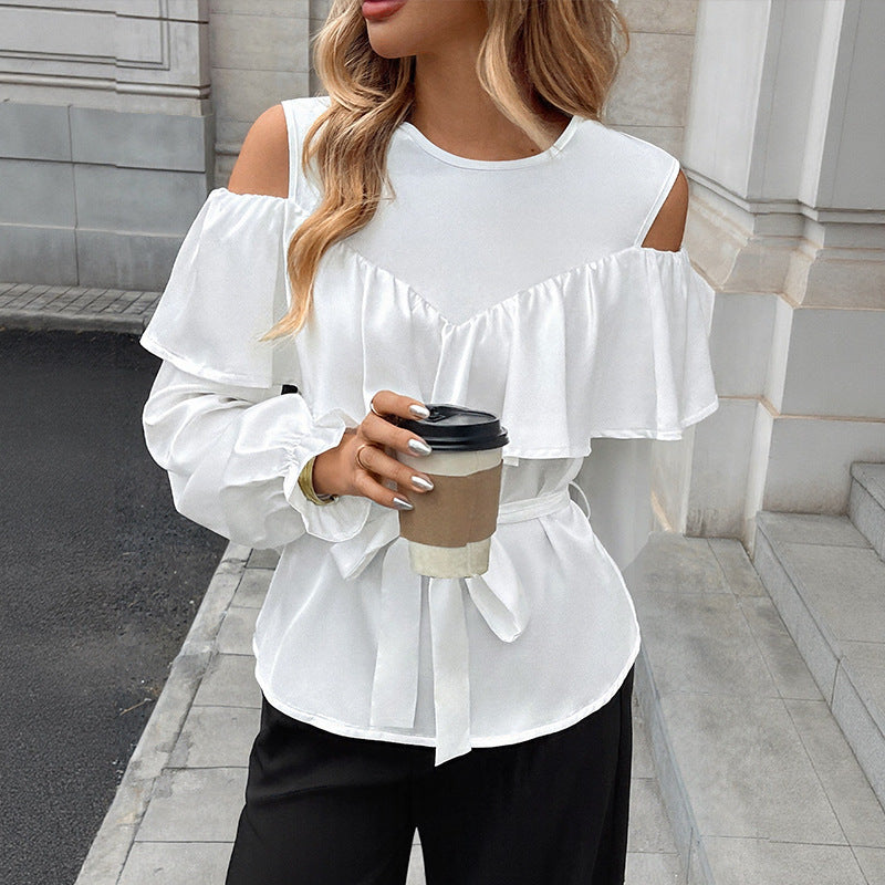 Women's Long-sleeved Ruffled Off-the-shoulder Lace-up Crew Neck Shirt