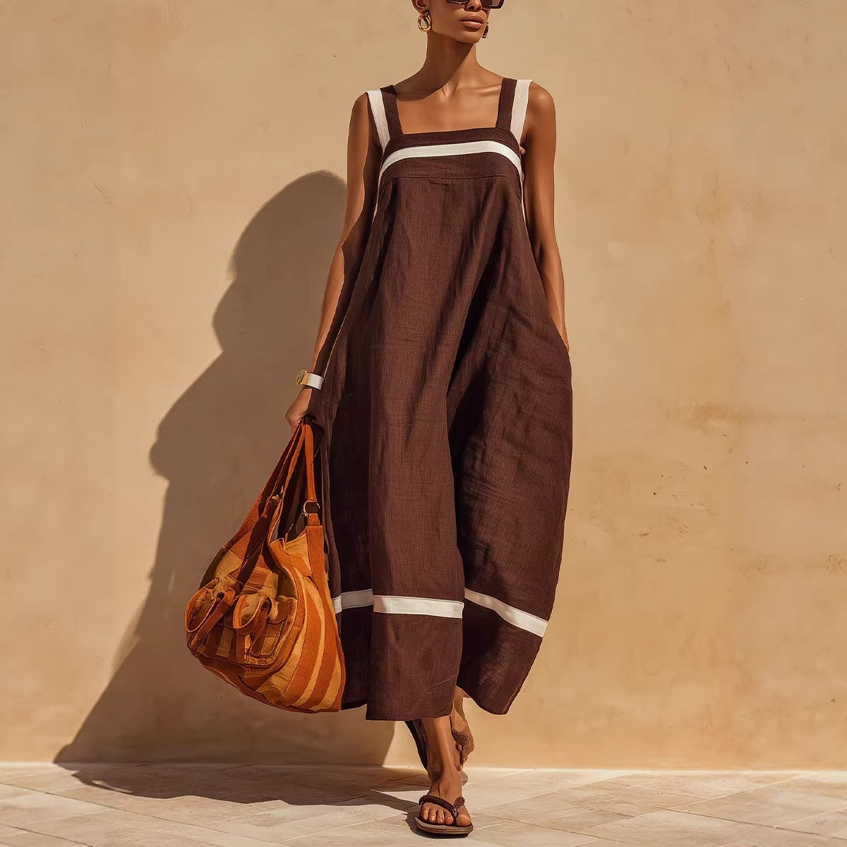 Strap Contrast-Color Womens Casual Loose Dress