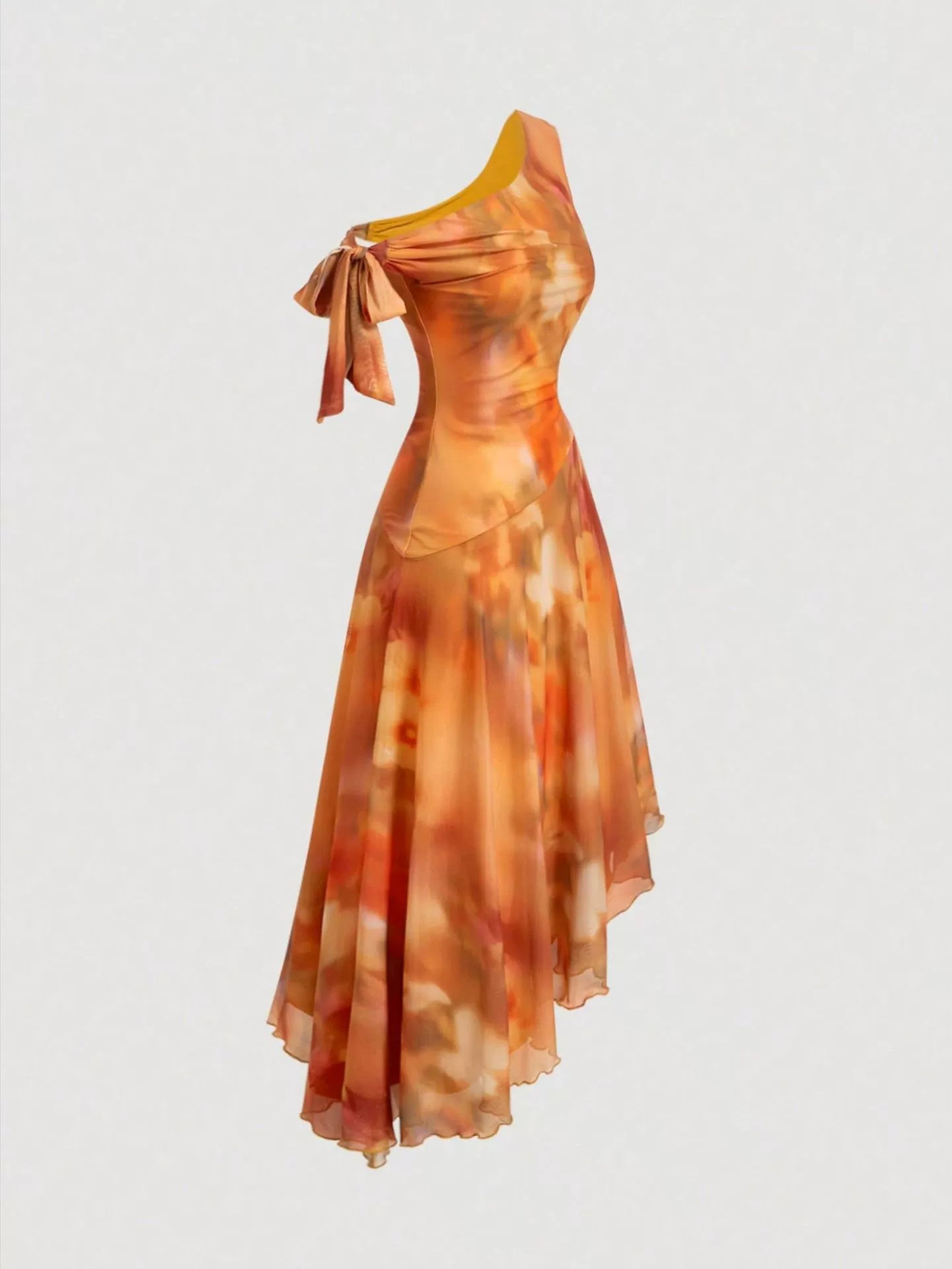 Women's Asymmetric Shoulder Mesh Floral Print Holiday Dress
