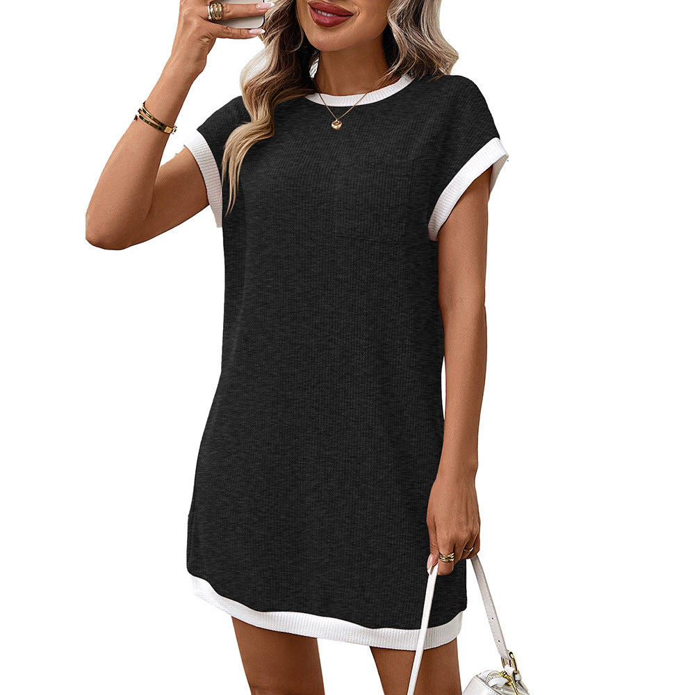 Solid-color Casual Contrast-color Short-sleeve Pocket Dress