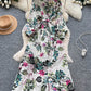 French-style Retro Elegant Single-Breasted Lace-Up Waist Floral Print Dress For Women