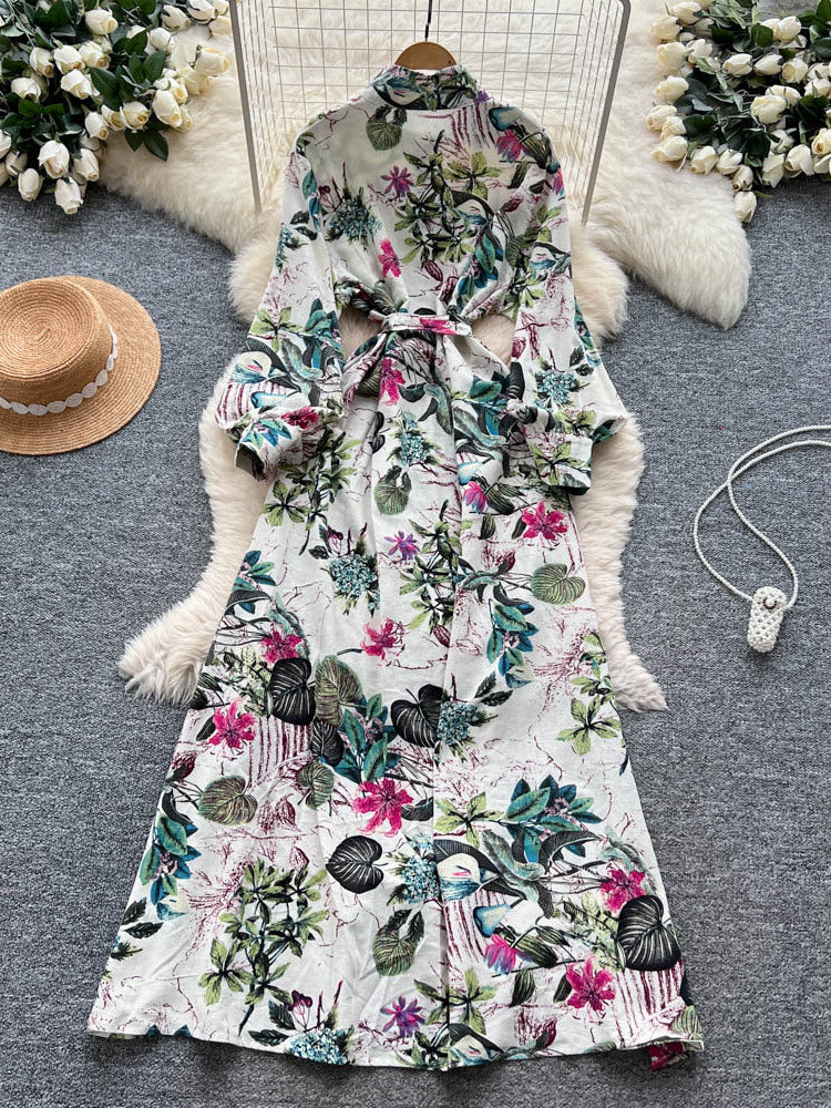 French-style Retro Elegant Single-Breasted Lace-Up Waist Floral Print Dress For Women