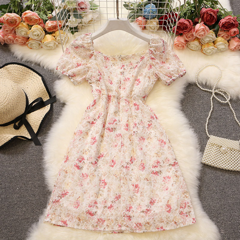 French Floral Dress Women's Tea Break Bellflower Skirt With Puff Sleeves