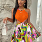Women's Printed Wear Hollow Out Bright Color Halter Jumpsuit