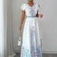Stand-up Collar Double-breasted Front Lantern Sleeves Printed Long Dress With Lace Trim