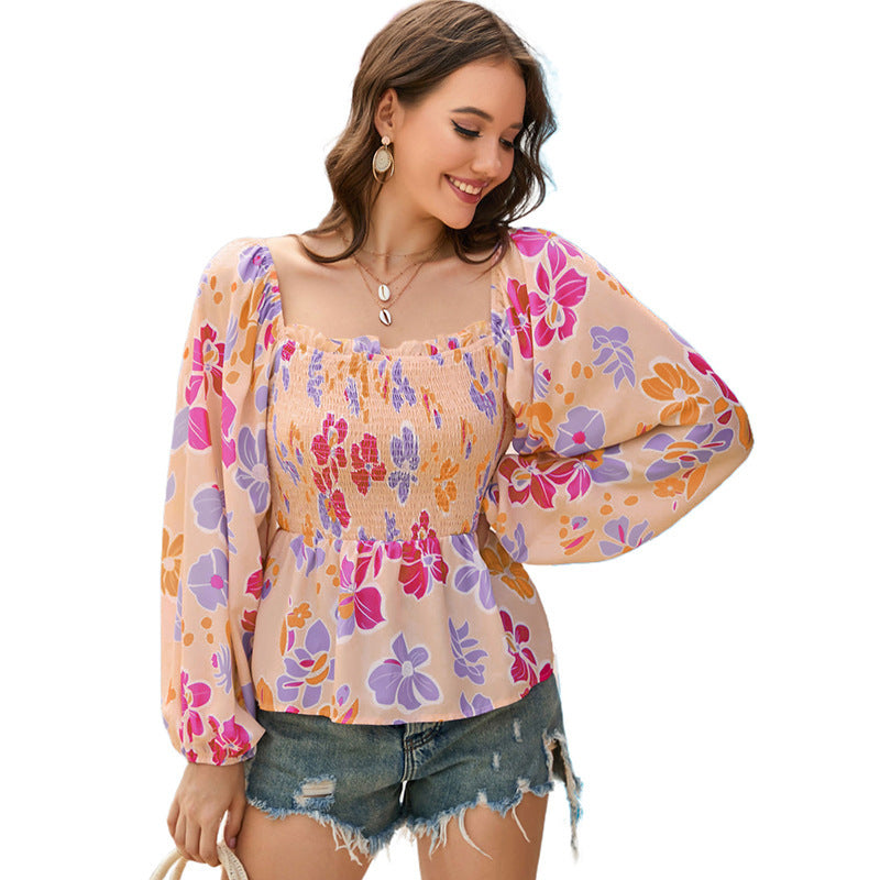 Chemise en mousseline à manches longues pour femme, col carré, imprimé floral, manches lanternes