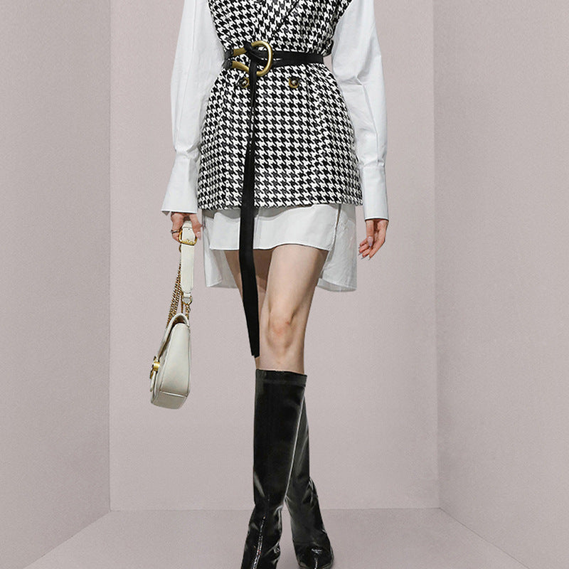 Women's New Fashion White Shirt Skirt Houndstooth Two-piece Vest