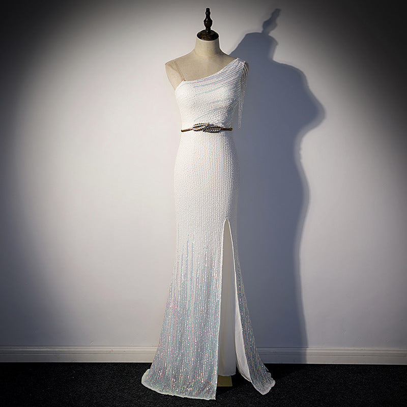 Robe femme noble tempérament design sens gland paillettes longue fendue queue de poisson jupe banquet