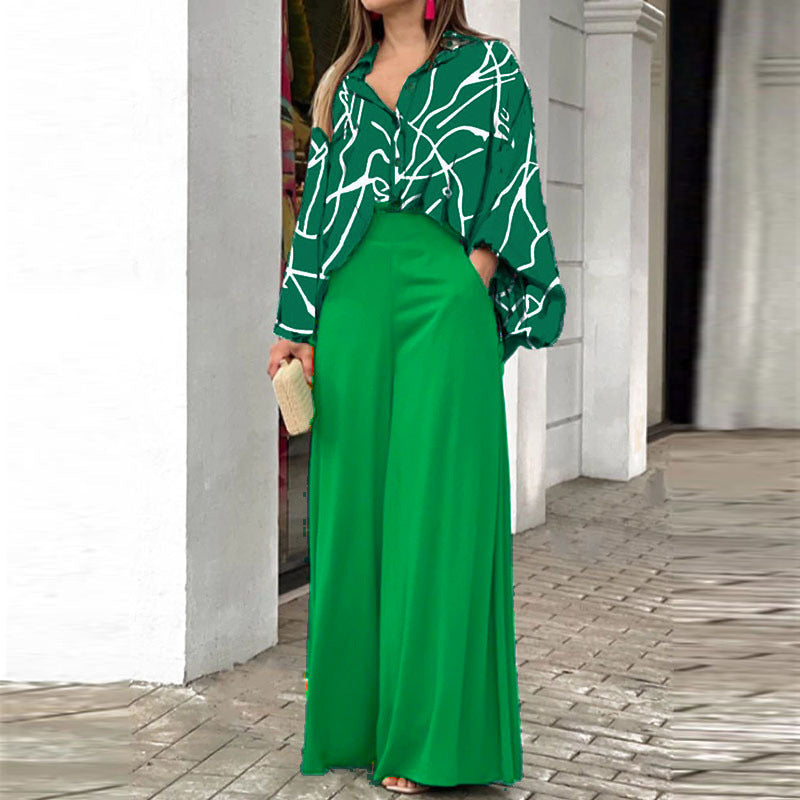 Women's Printed Shirt Wide Leg Pants Fashion Casual Set
