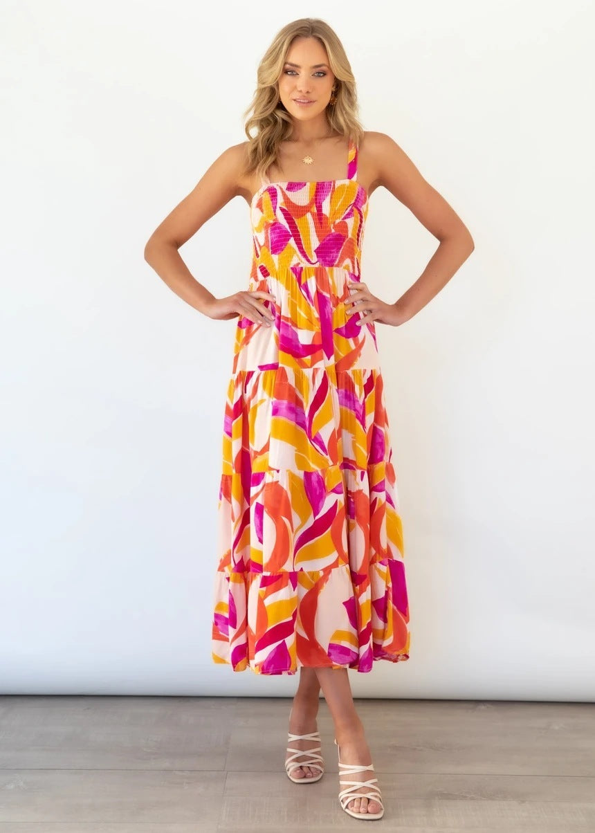 Spaghetti-strap Floral Print Pleated Dress