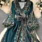 One-piece Lace-up Waist Trimming Printing Dress