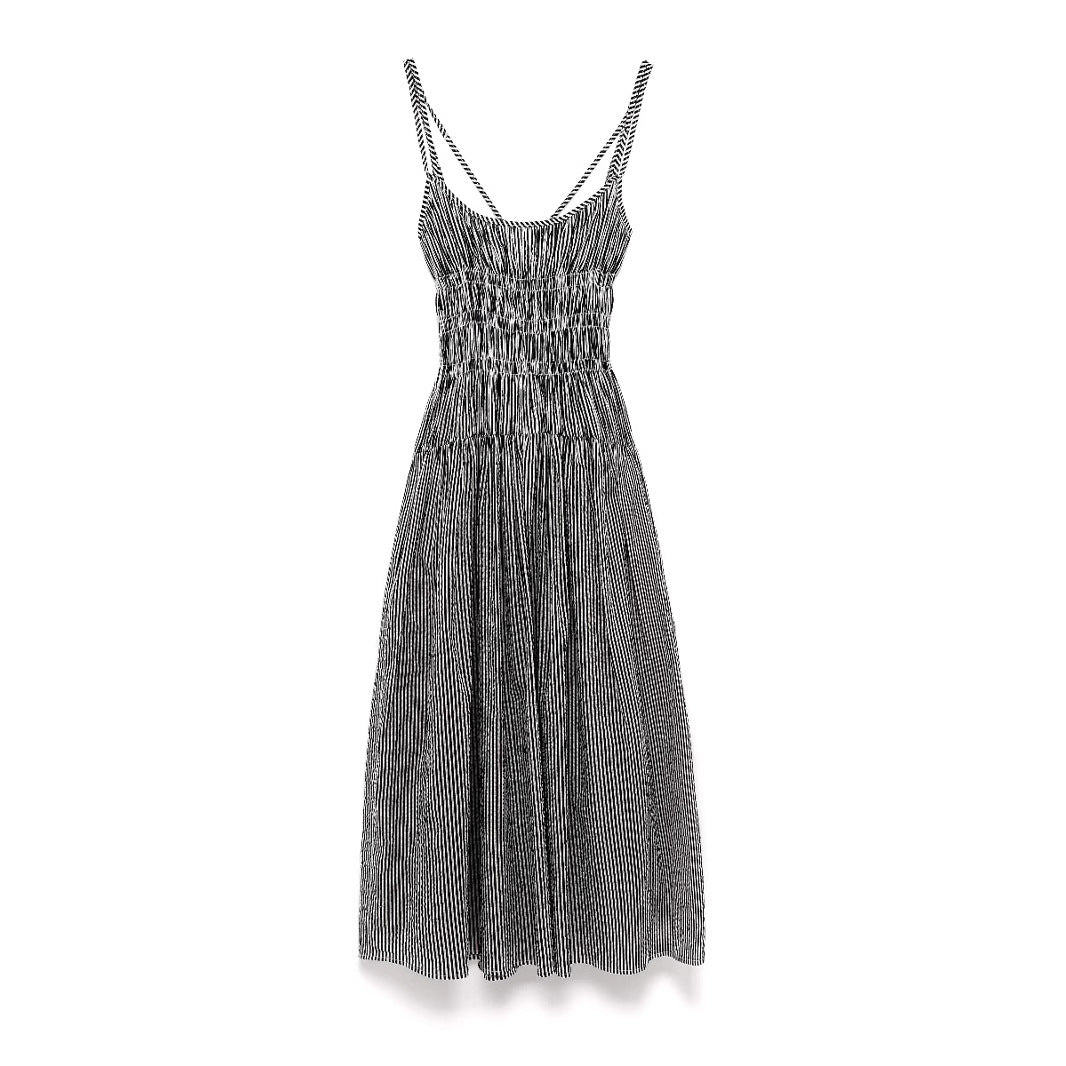Sleeveless Pleated Striped Spaghetti Straps A- Line Skirt Dress Women