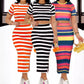 Fashionable Elegant Style All-match Casual Striped Short-sleeved Top Slim Skirt Suit