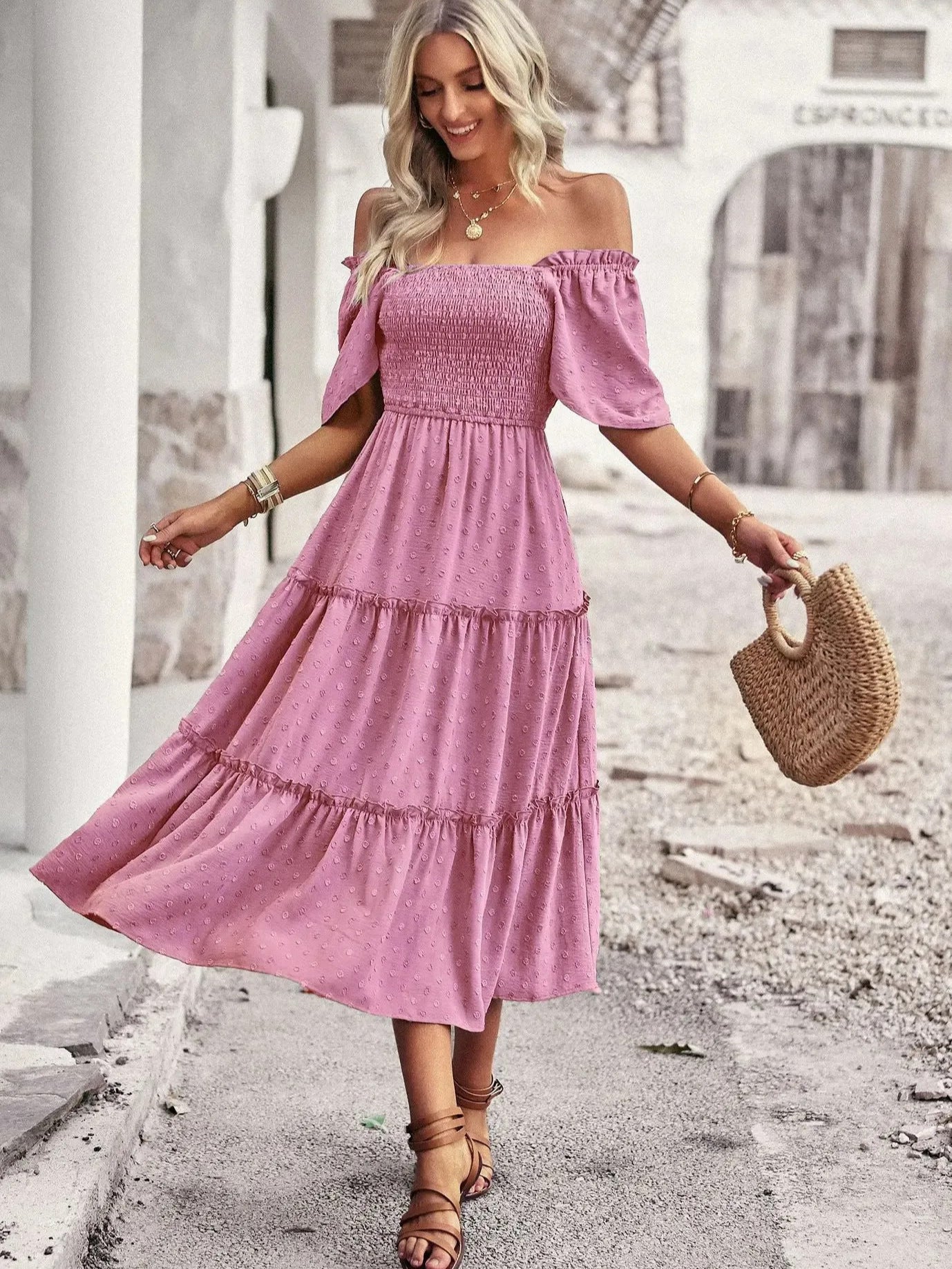 Square Collar Backless Puff Sleeve Pleated Short Sleeves Dress