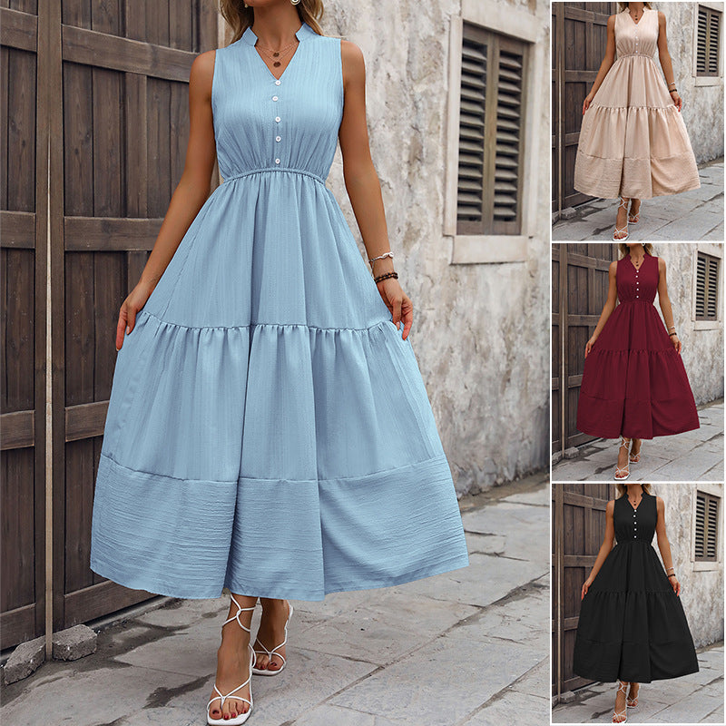 Summer New Womens Solid-Colored Sleeveless Stand-Collar Dress For Women