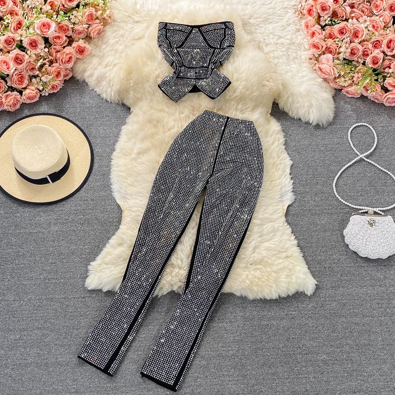 Ensemble deux pièces sexy à volants et strass pour fille sexy