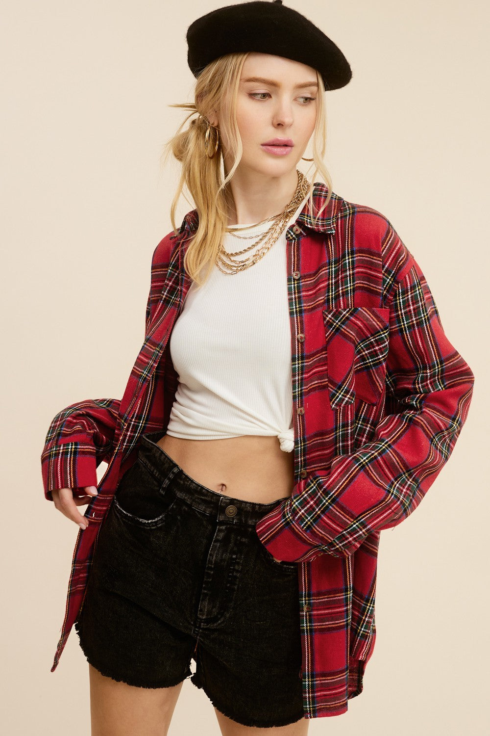 Women's Fashion Polo Collar Pocket Single-breasted Plaid Shirt