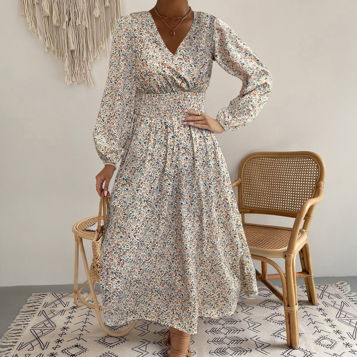Women's V-neck Floral Print Long Sleeve Dress