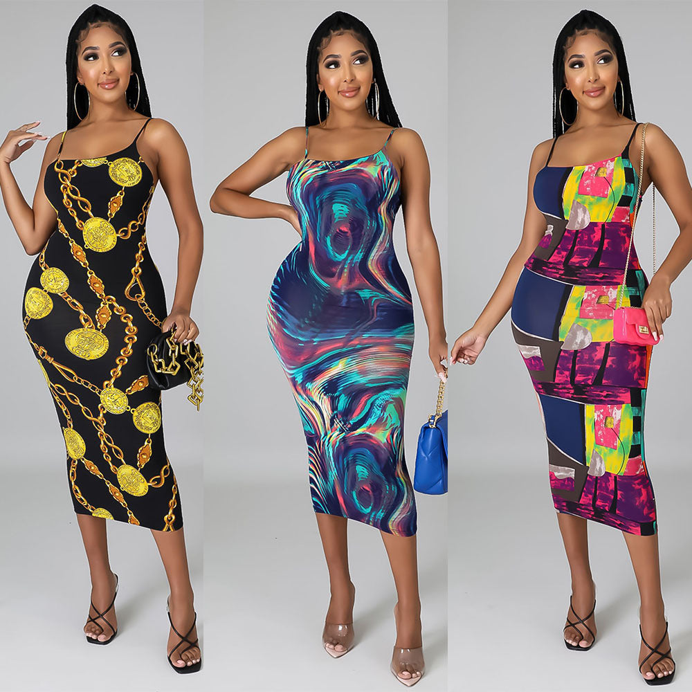 Fashion Digital Print Suspender Dress