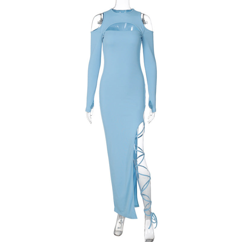 Robe fendue à manches longues et leggings ajourés de couleur unie pour femme