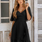 V Neck Solid Color Waistband Ruffle Dress