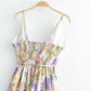 V-neck Tie-in Waist Ruffled Printed Suspender Jumpsuit
