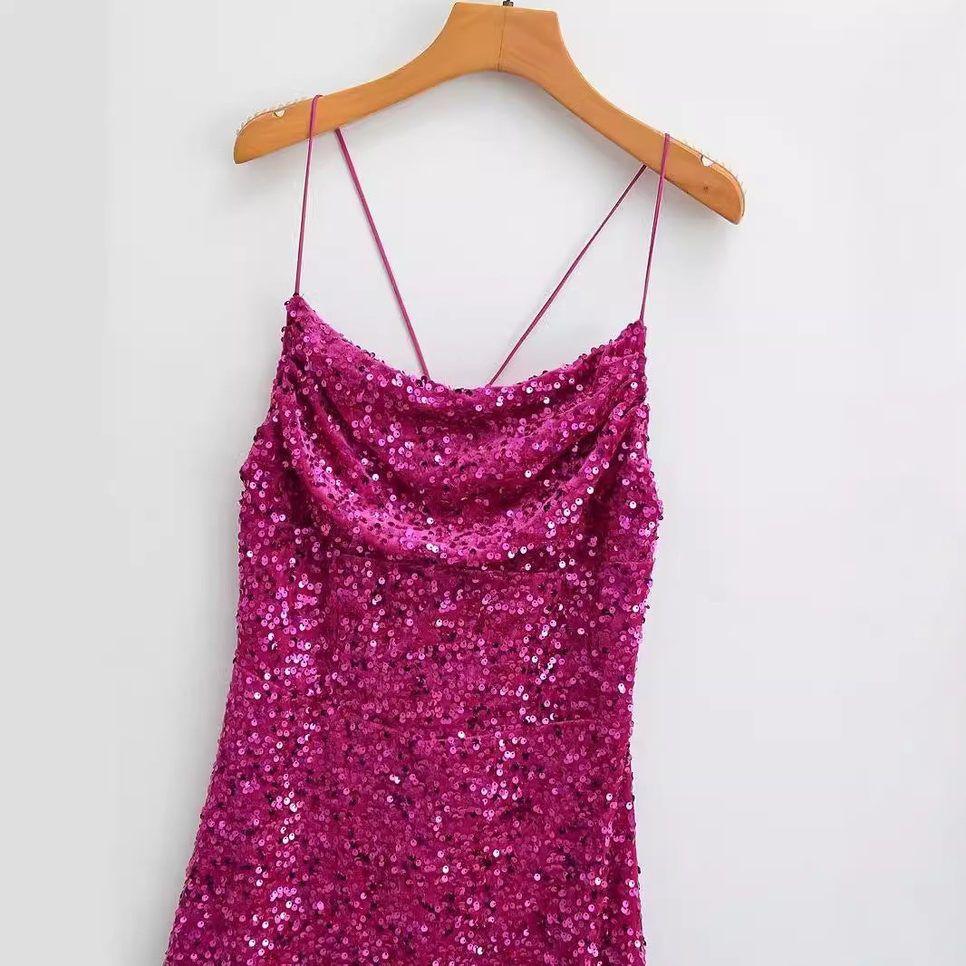 Women's Fashion Stylish Sequin Strap Long Slim Dress