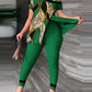Women's Fashion Casual Slit Diagonal Collar Printing Suit