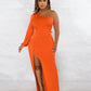 Women's Autumn Oblique Shoulder Lantern Sleeve Solid Color Slim Fit Dress