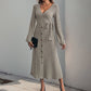 V-neck Solid Color Button Lace-up A- Hem Knitted Dress