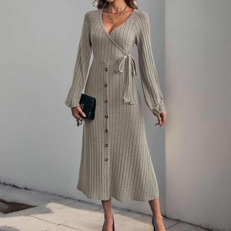 V-neck Solid Color Button Lace-up A- Hem Knitted Dress