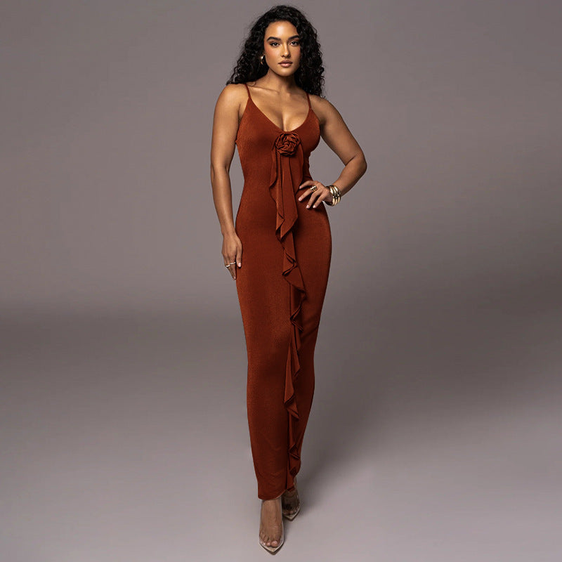 Sling Dress Color Ruffles High Waist Dress